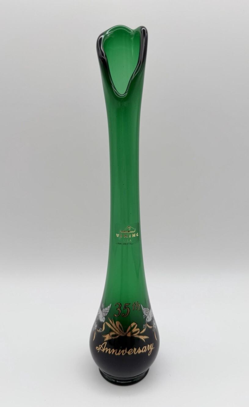 Viking Emerald Green Swung Glass Bud Vase 10.5” 35th Anniversary with Label MCM